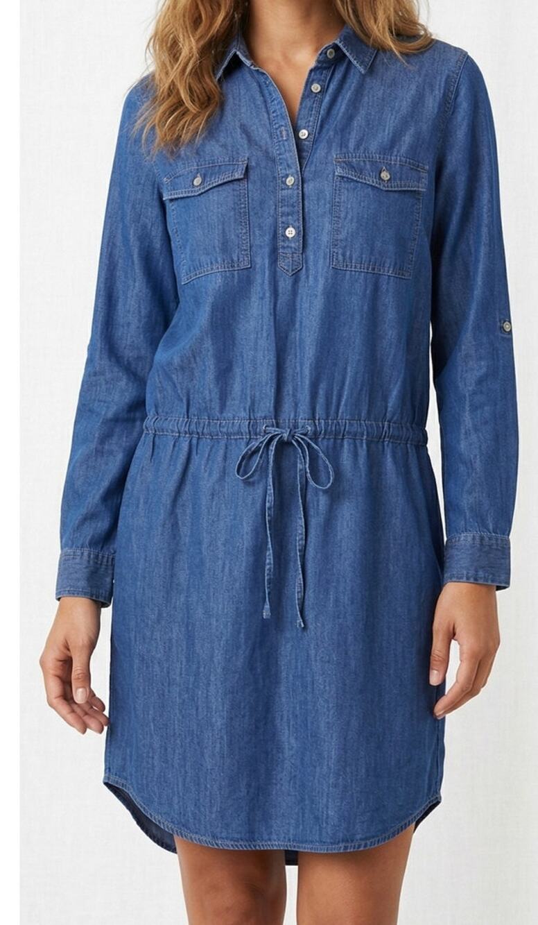 Gloria Vanderbilt M Blue Chambray Long Sleeve Tie Waist Dress Cotton Lyocell - Picture 1 of 9